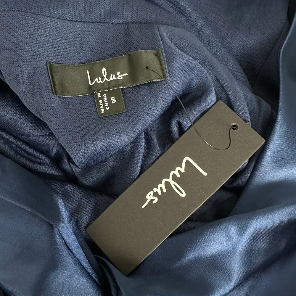 Lulus Jacey Navy Satin Halter Midi Dress Party Cocktail Classic Small NWT